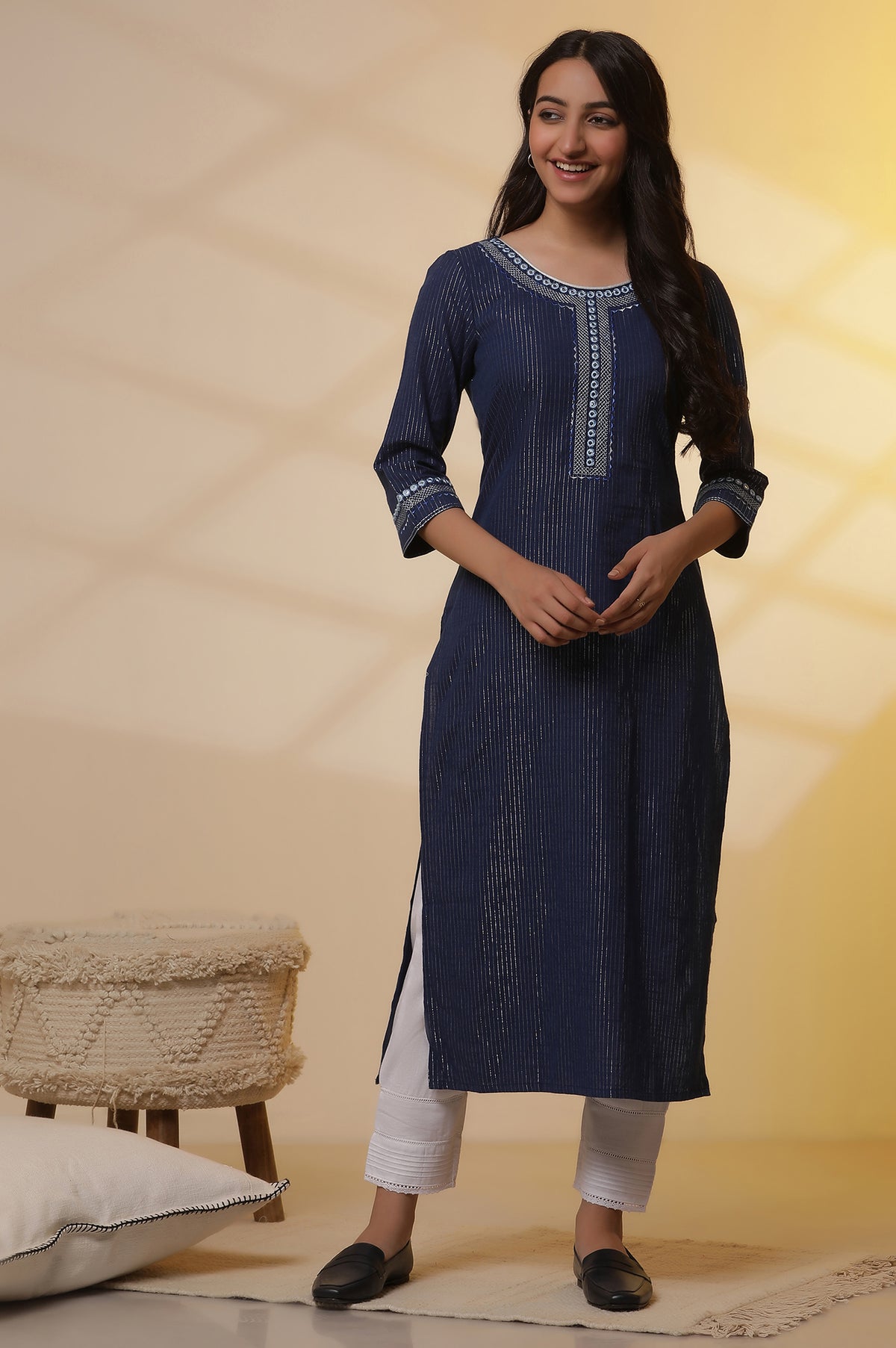 Blue Lurex Straight Kurta and Pants Set - S