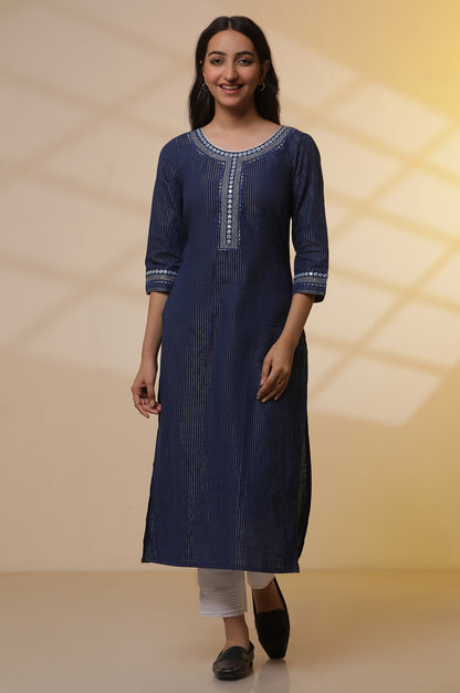 Blue Lurex Straight Kurta and Pants Set