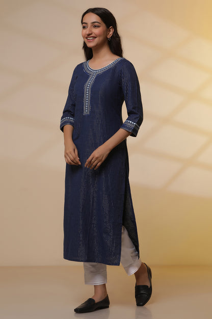 Blue Lurex Straight Kurta and Pants Set