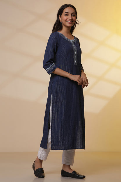 Blue Lurex Straight Kurta and Pants Set