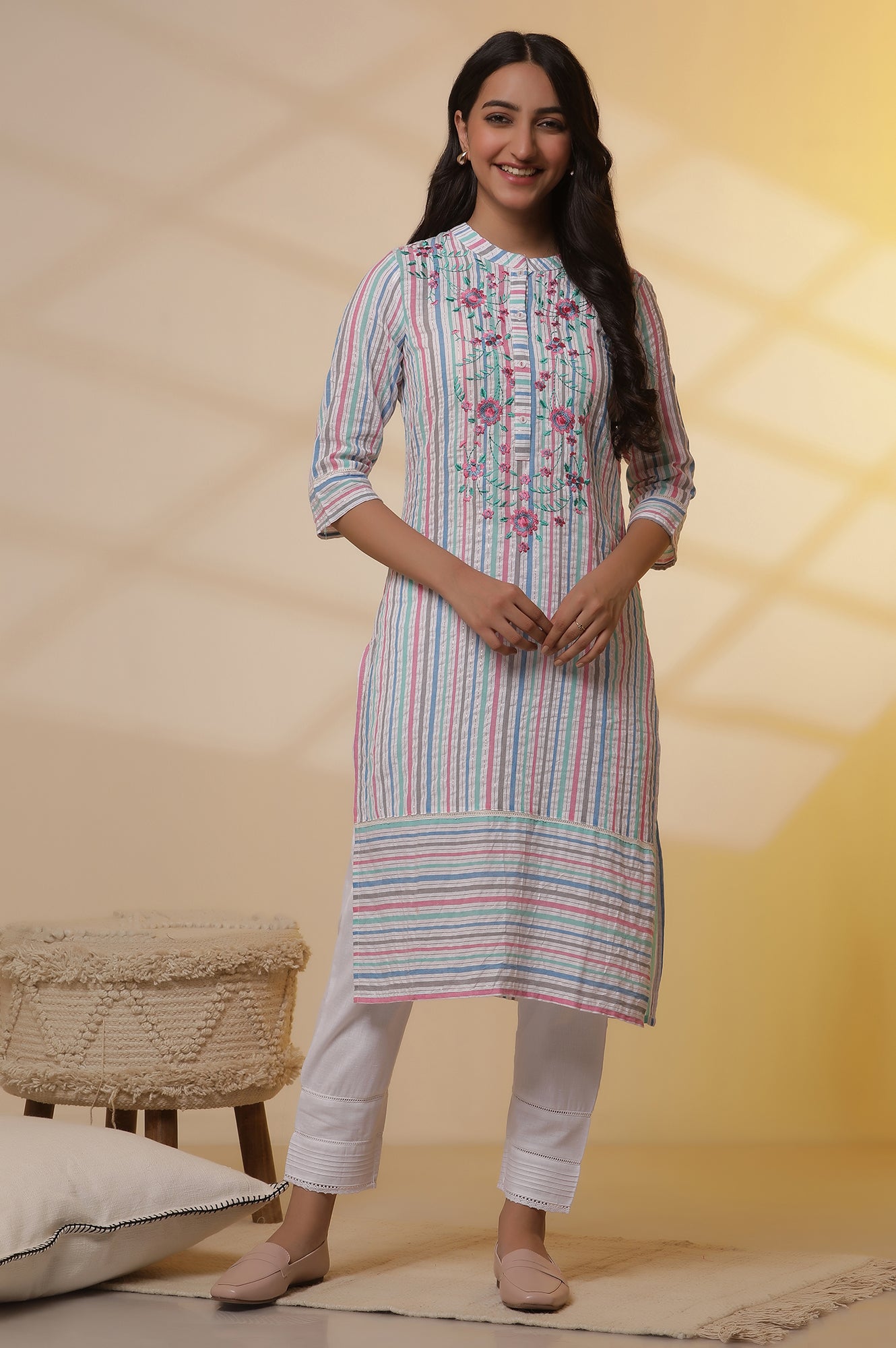 Multi-coloured Striped Cotton Lurex Embroidered Kurta and Pants Set