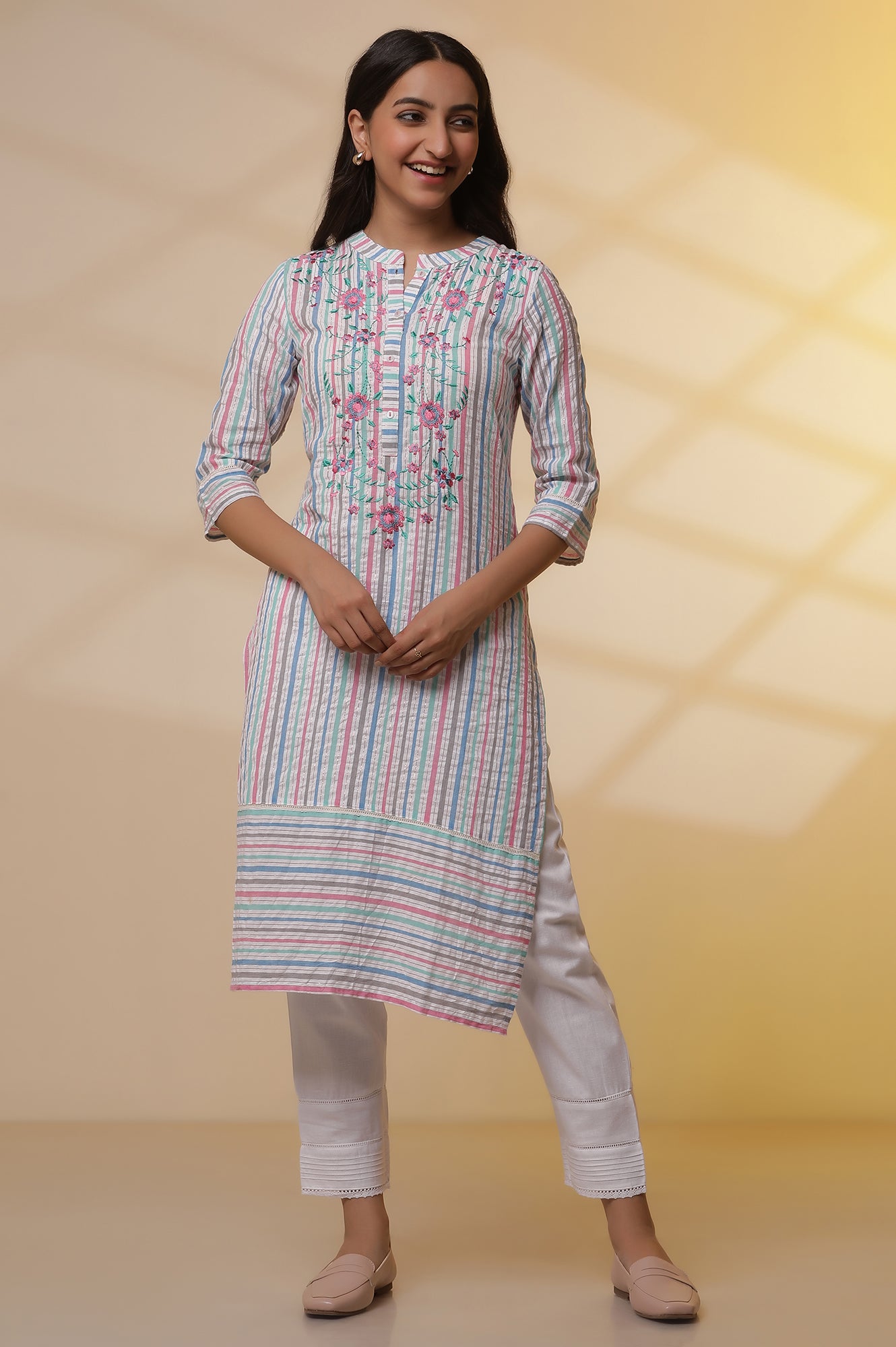 Multi-coloured Striped Cotton Lurex Embroidered Kurta and Pants Set