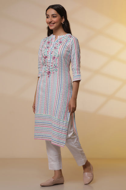 Multi-coloured Striped Cotton Lurex Embroidered Kurta and Pants Set