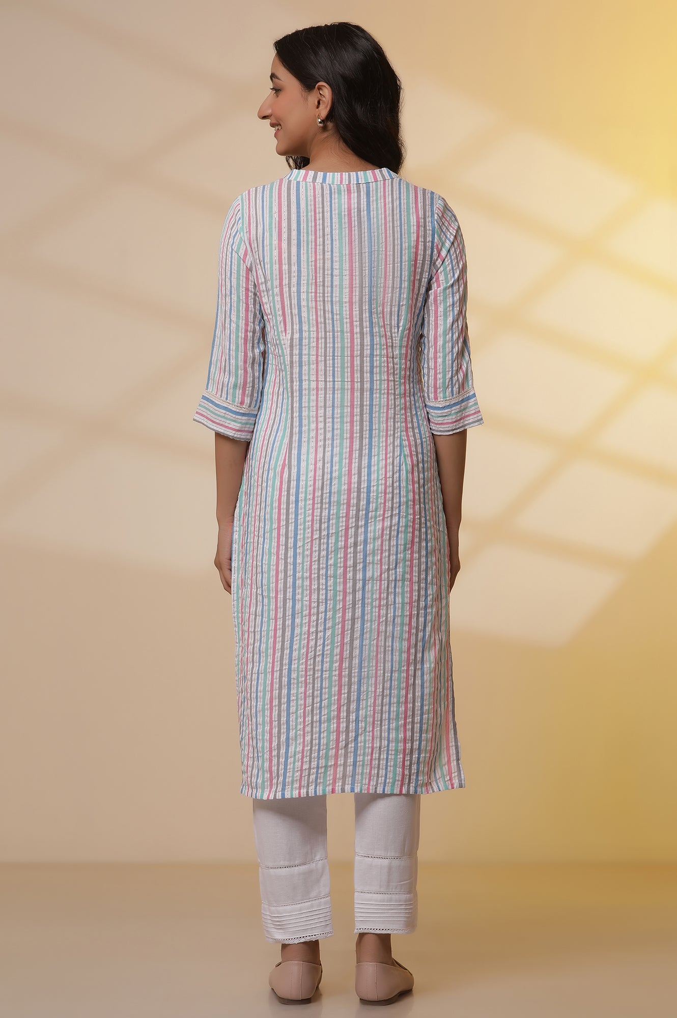 Multi-coloured Striped Cotton Lurex Embroidered Kurta and Pants Set