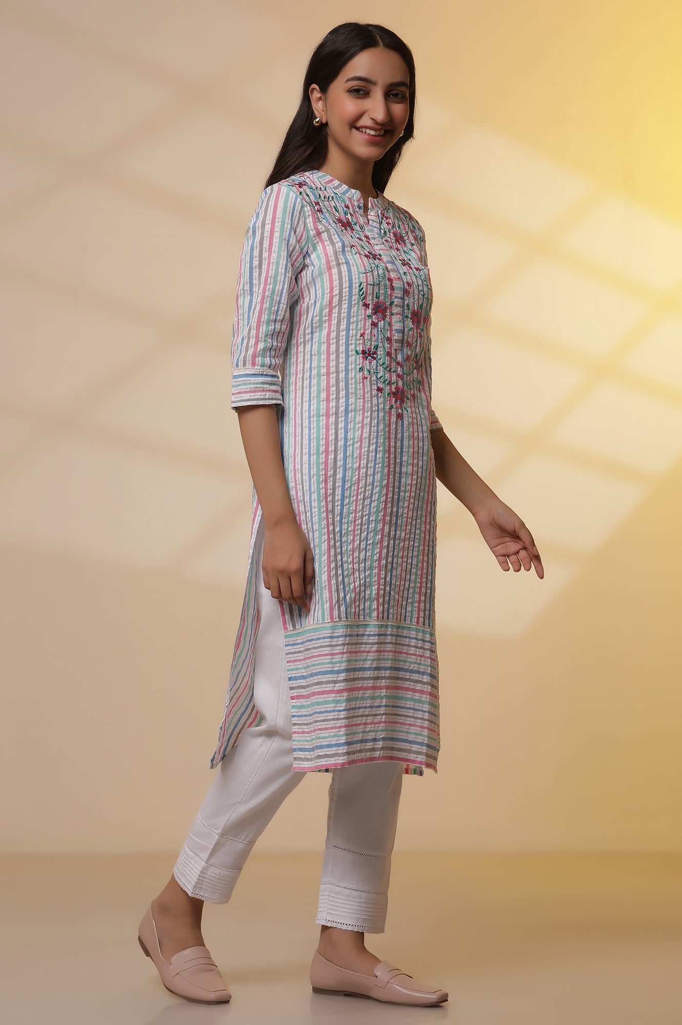 Multi-coloured Striped Cotton Lurex Embroidered Kurta and Pants Set