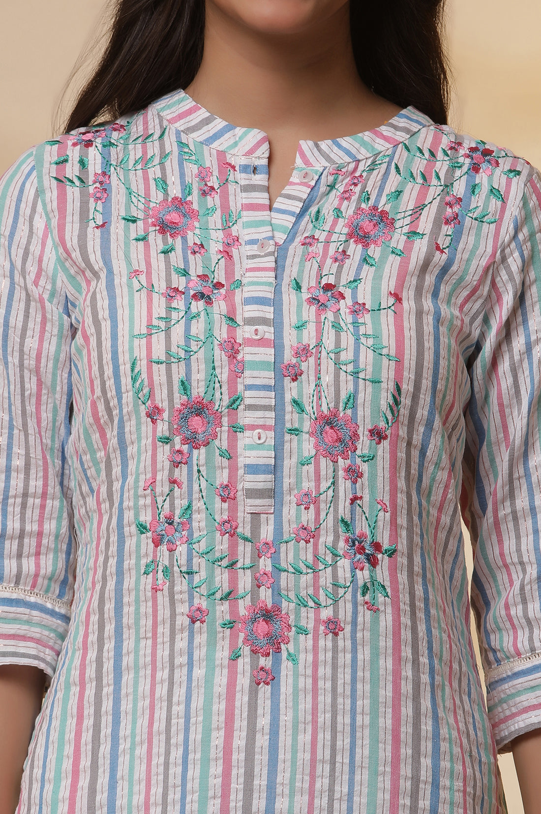 Multi-coloured Striped Cotton Lurex Embroidered Kurta and Pants Set