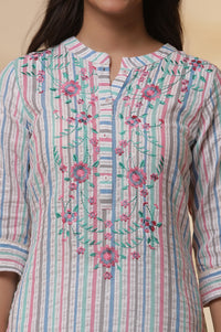 Multi-coloured Striped Cotton Lurex Embroidered Kurta and Pants Set