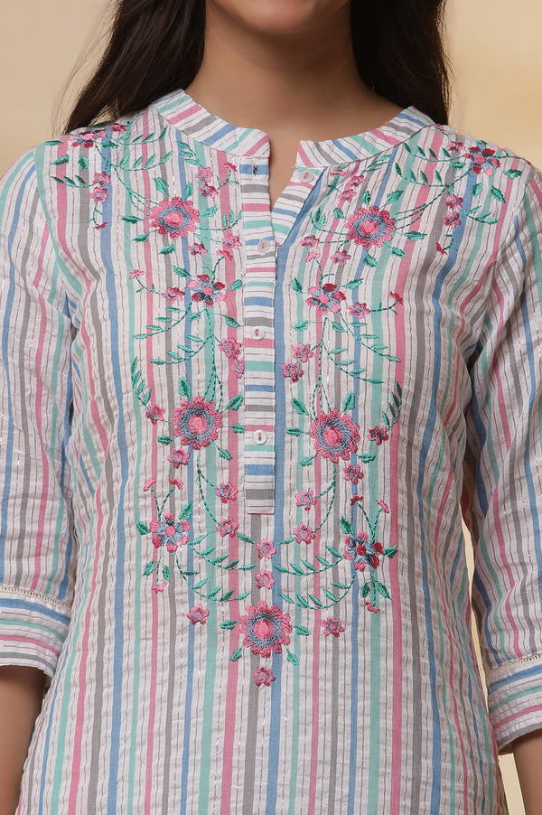 Multi-coloured Striped Cotton Lurex Embroidered Kurta and Pants Set