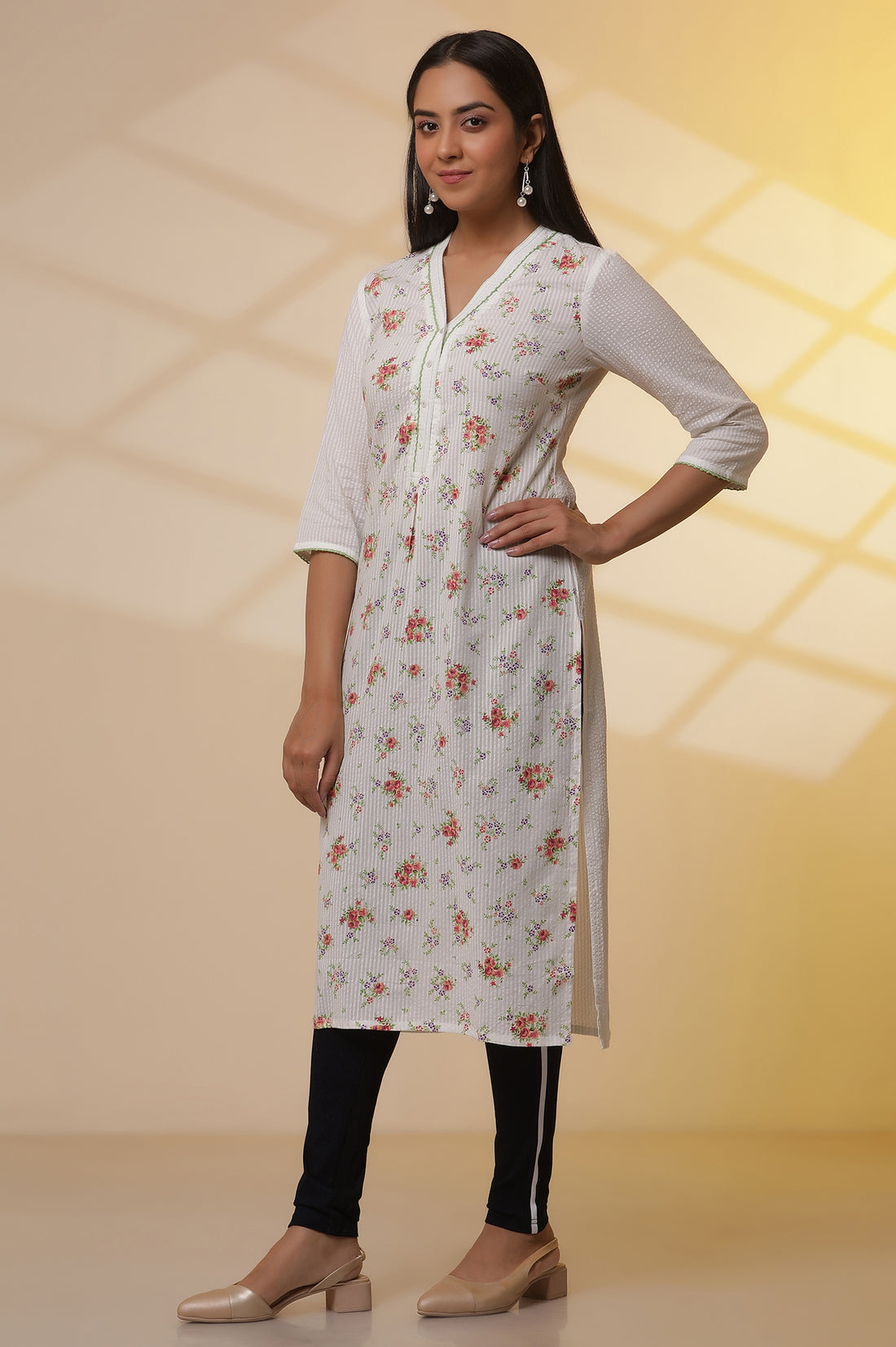 White Textured Cotton Floral Printed Kurta and Denim Jeggings Set