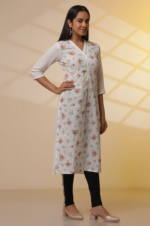 White Textured Cotton Floral Printed Kurta and Denim Jeggings Set