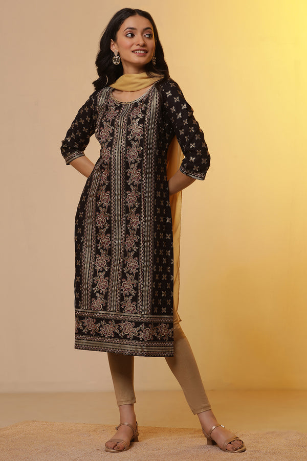 Black Ethnic Printed Kurta, Tights and Dupatta Set