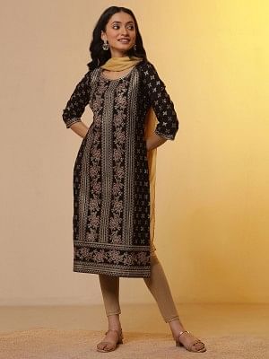 Black Ethnic Printed Kurta, Tights and Dupatta Set