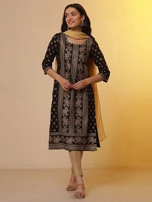 Black Ethnic Printed Kurta, Tights and Dupatta Set