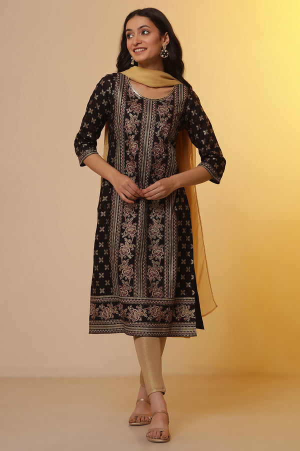 Black Ethnic Printed Kurta, Tights and Dupatta Set