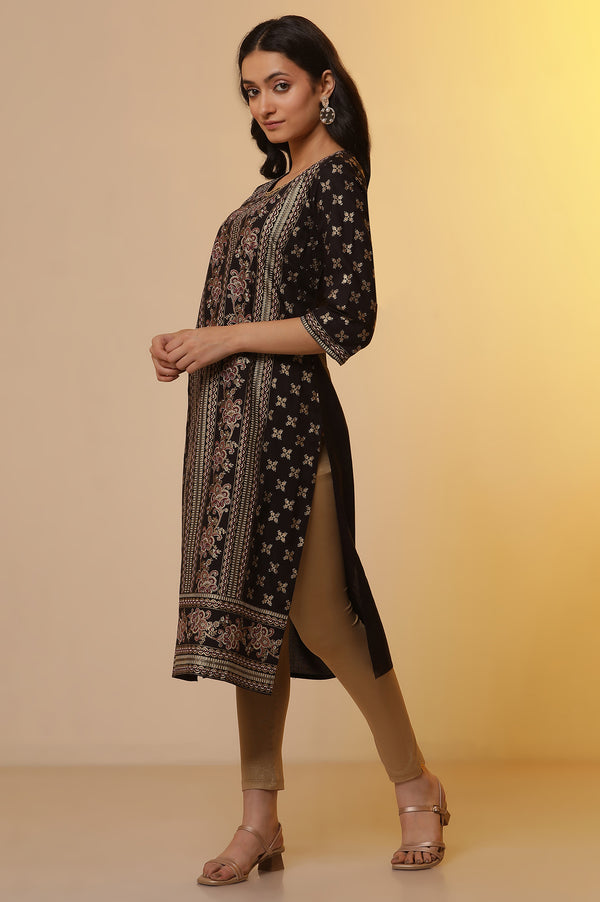 Black Ethnic Printed Kurta, Tights and Dupatta Set