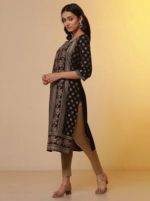 Black Ethnic Printed Kurta, Tights and Dupatta Set