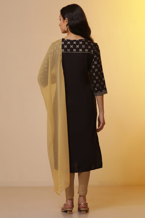 Black Ethnic Printed Kurta, Tights and Dupatta Set