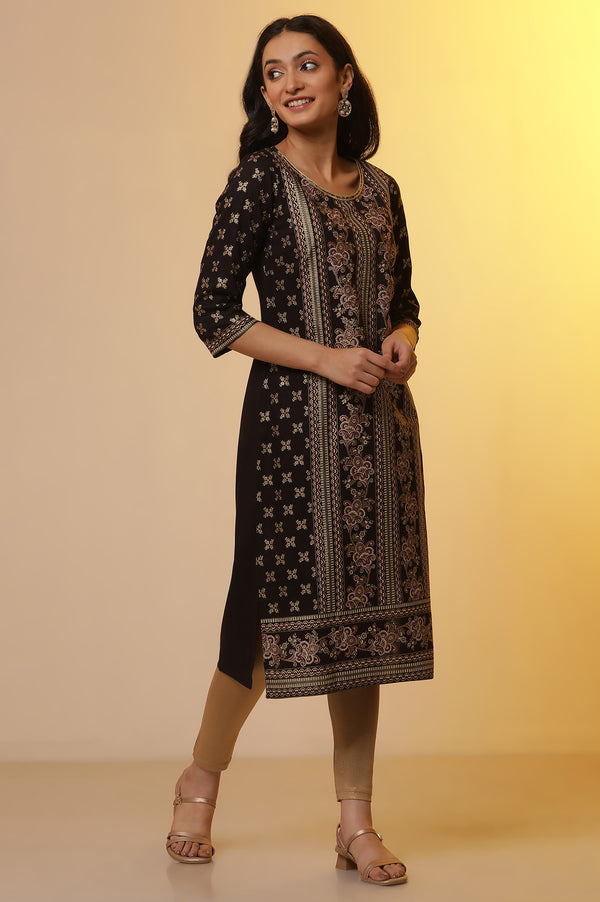 Black Ethnic Printed Kurta, Tights and Dupatta Set