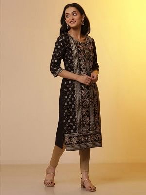 Black Ethnic Printed Kurta, Tights and Dupatta Set