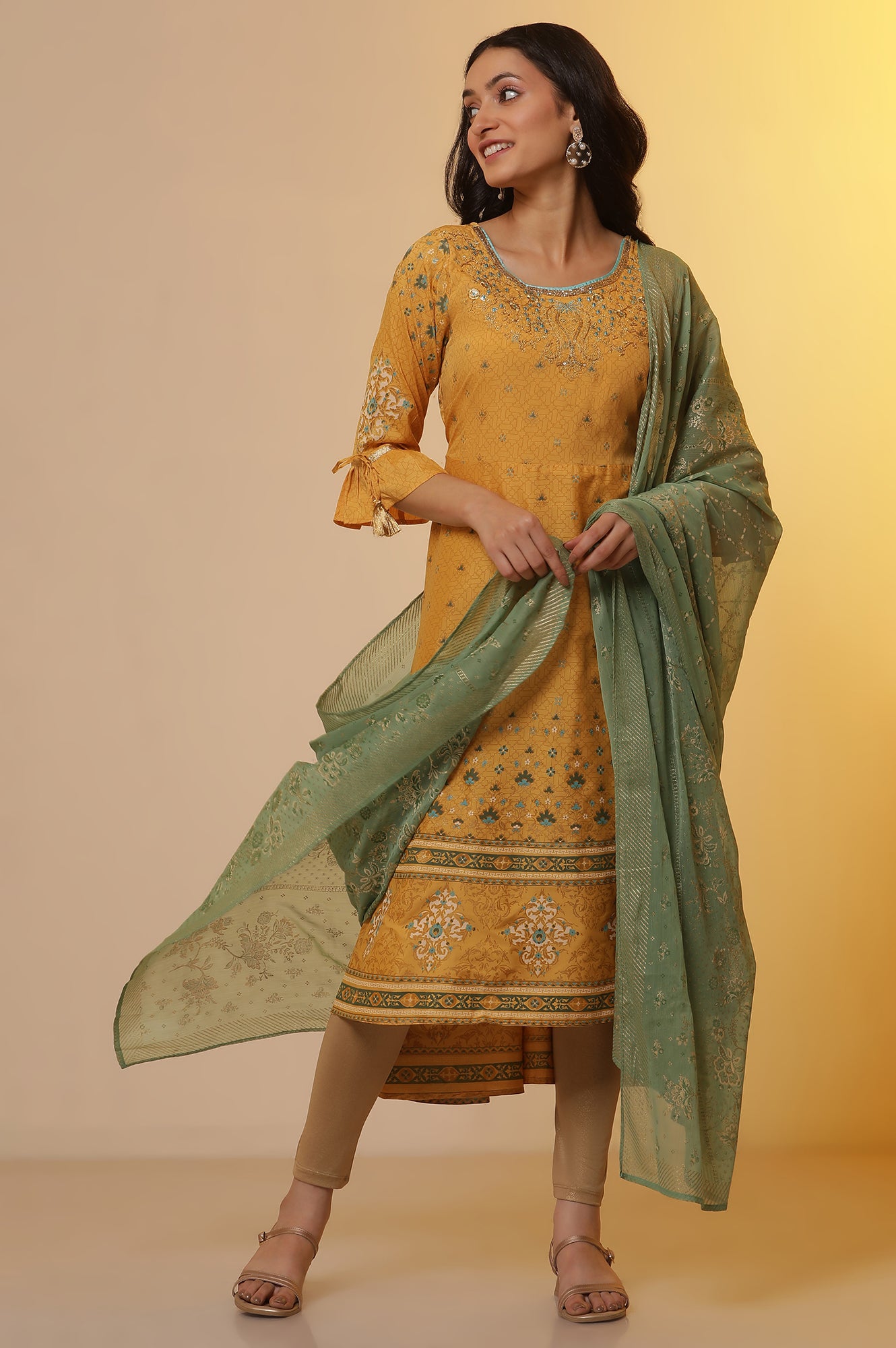 Yellow Embroidered Asymmetrical Kurta, Tights and Dupatta Set