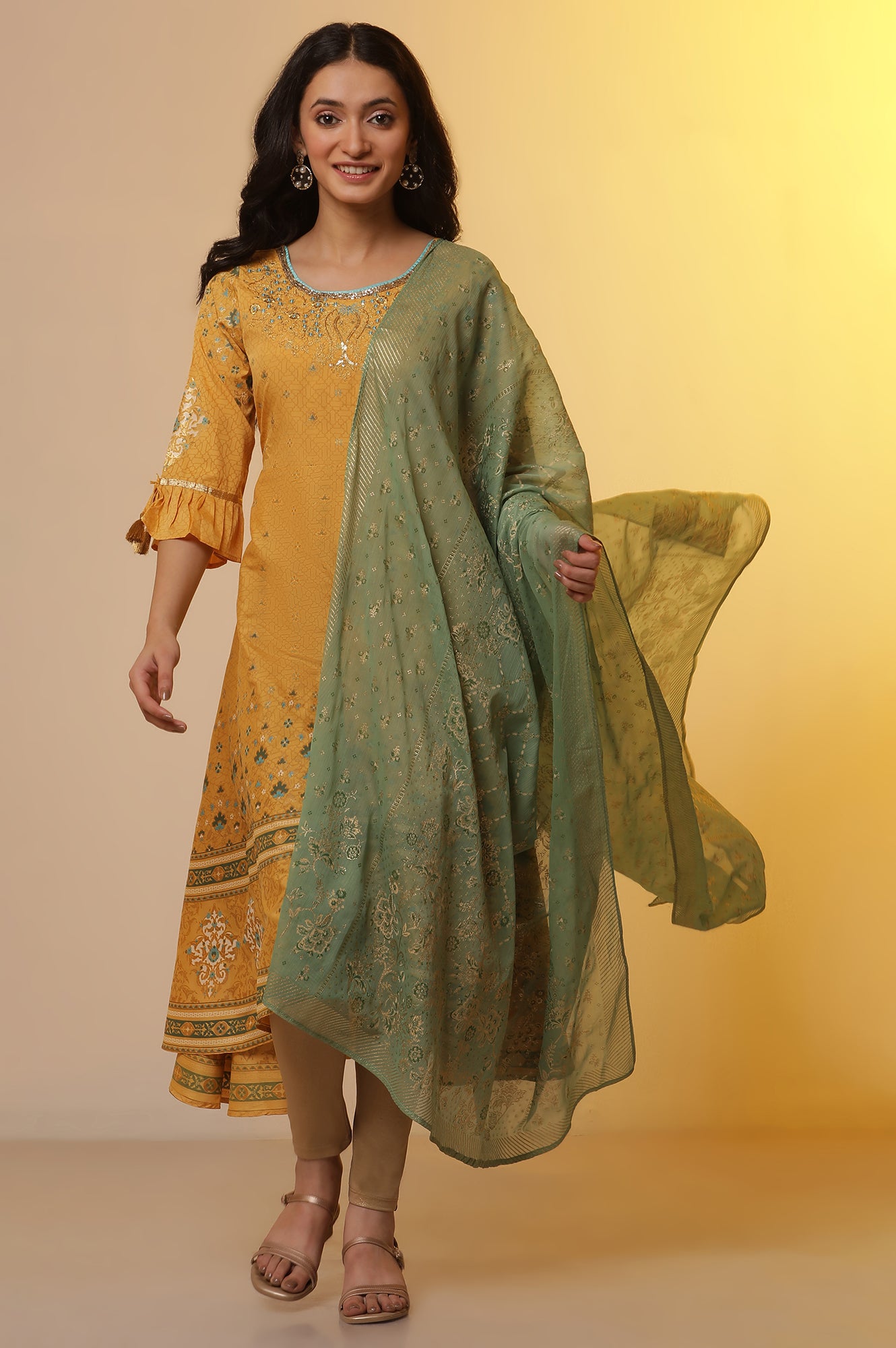 Yellow Embroidered Asymmetrical Kurta, Tights and Dupatta Set