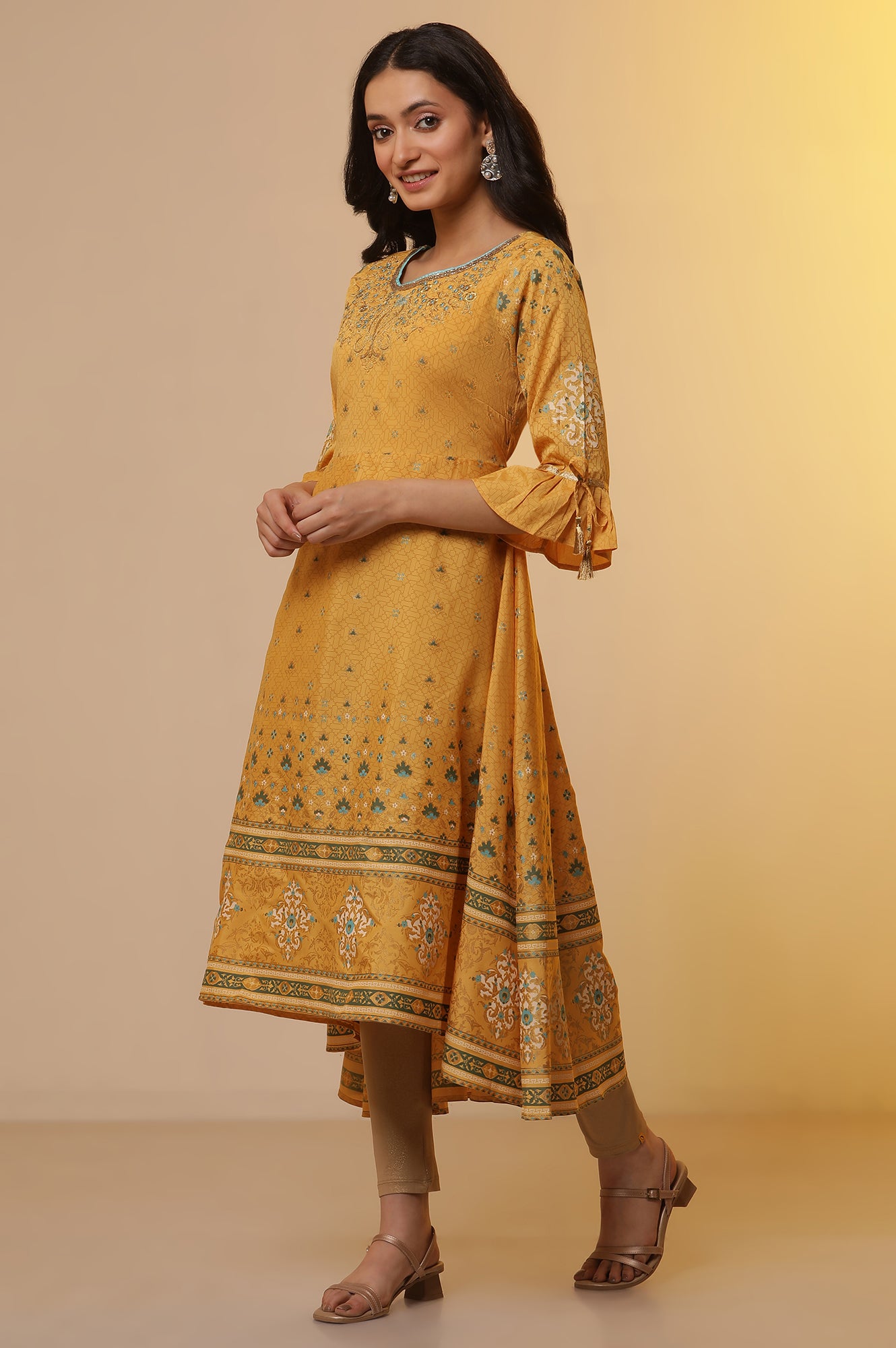 Yellow Embroidered Asymmetrical Kurta, Tights and Dupatta Set