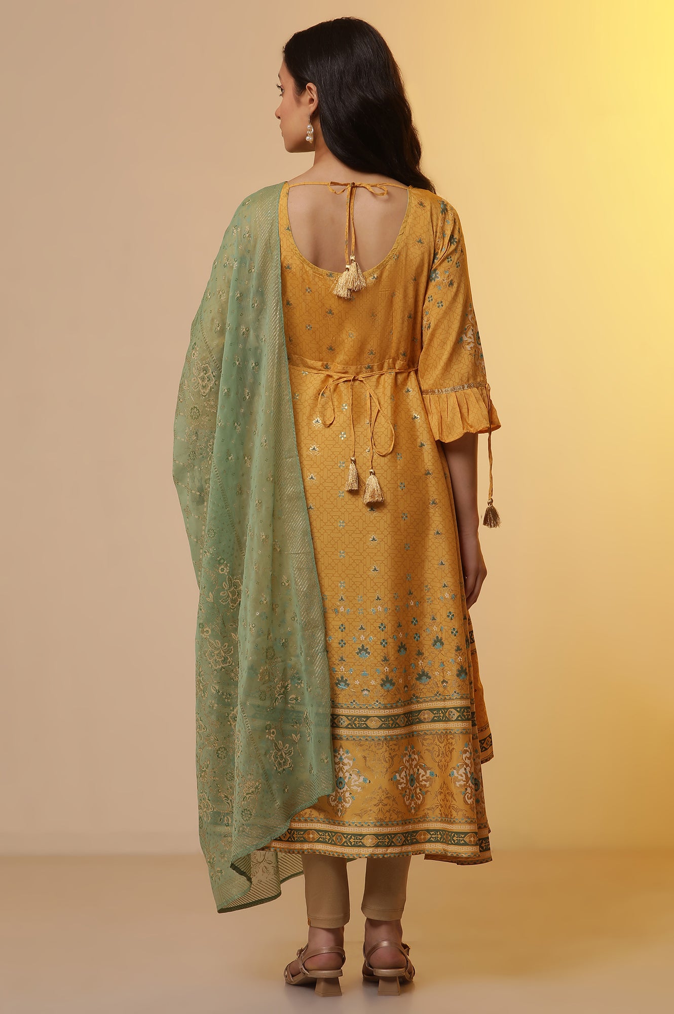 Yellow Embroidered Asymmetrical Kurta, Tights and Dupatta Set