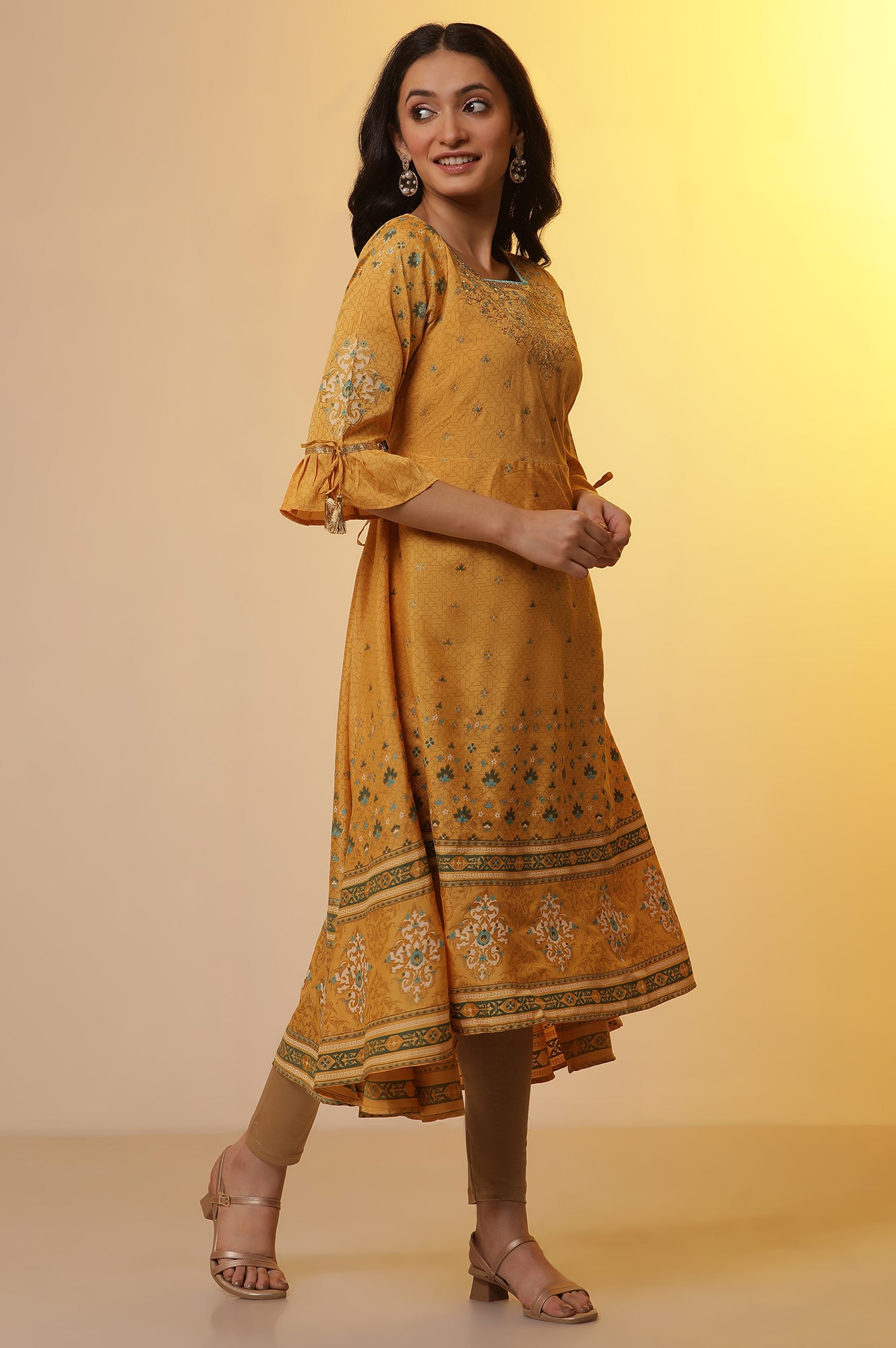 Yellow Embroidered Asymmetrical Kurta, Tights and Dupatta Set