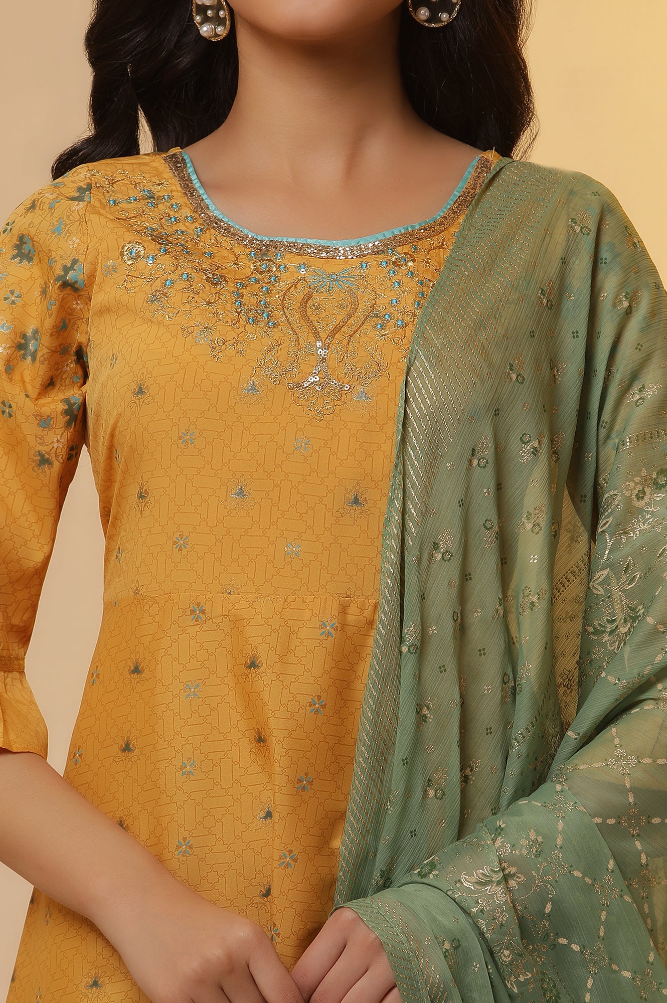 Yellow Embroidered Asymmetrical Kurta, Tights and Dupatta Set