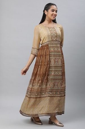 Browm Printed and Embellished Festive Flared Dress