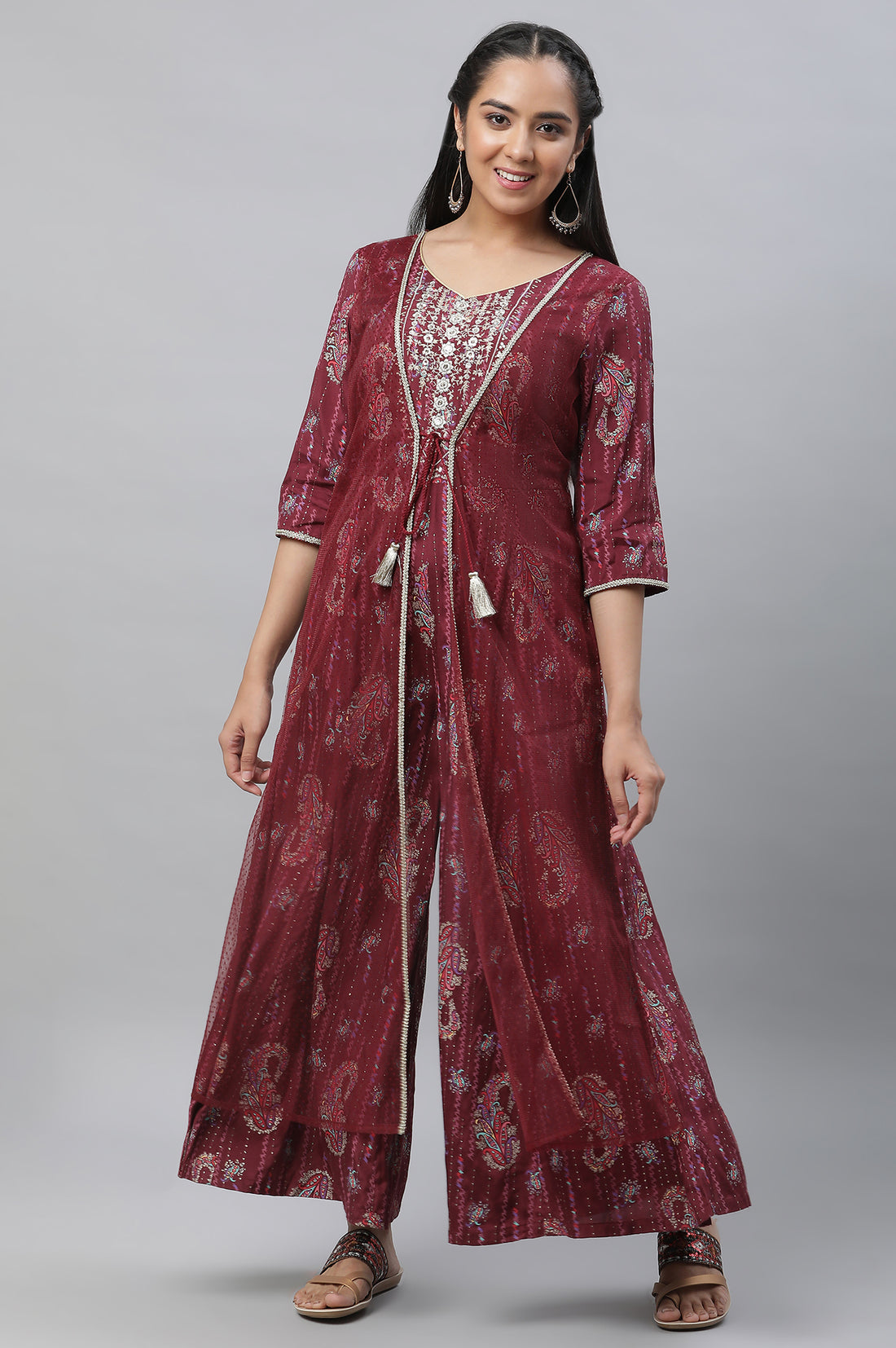 Maroon Embellished Festive Jumpsuit with Attached Sheer Layer