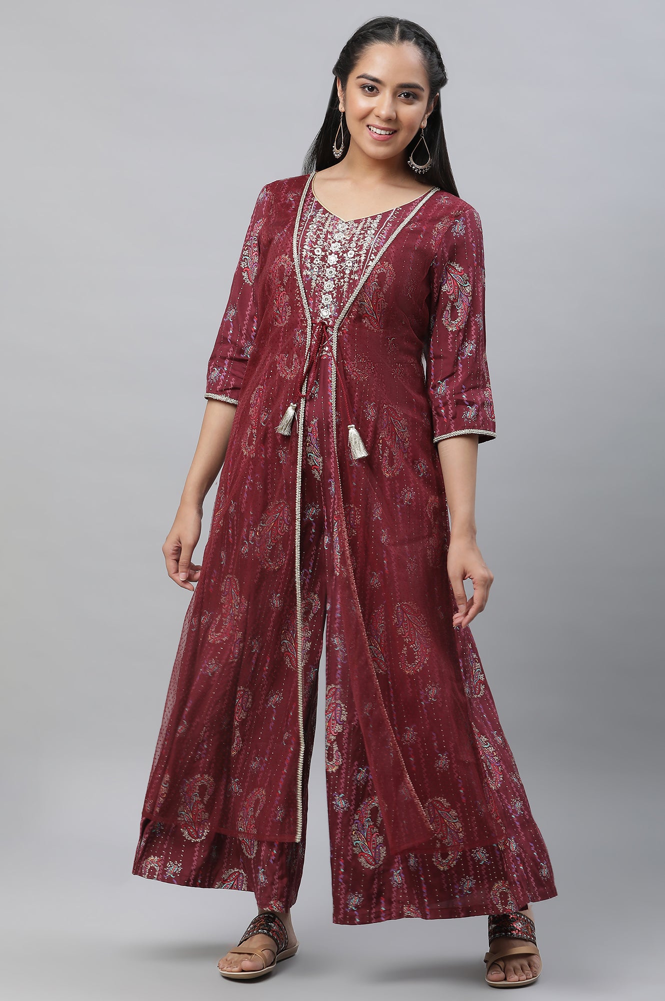 Maroon Embellished Festive Jumpsuit with Attached Sheer Layer