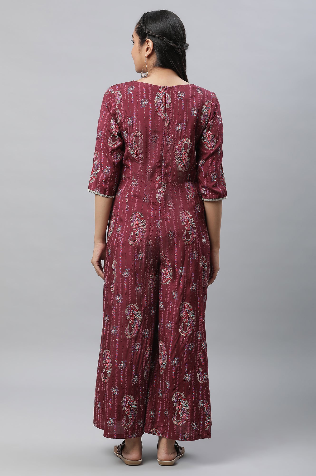 Maroon Embellished Festive Jumpsuit with Attached Sheer Layer