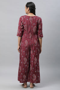 Maroon Embellished Festive Jumpsuit with Attached Sheer Layer
