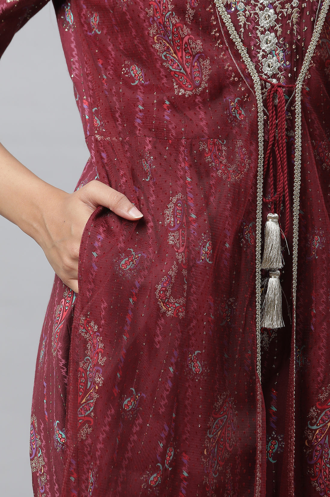 Maroon Embellished Festive Jumpsuit with Attached Sheer Layer