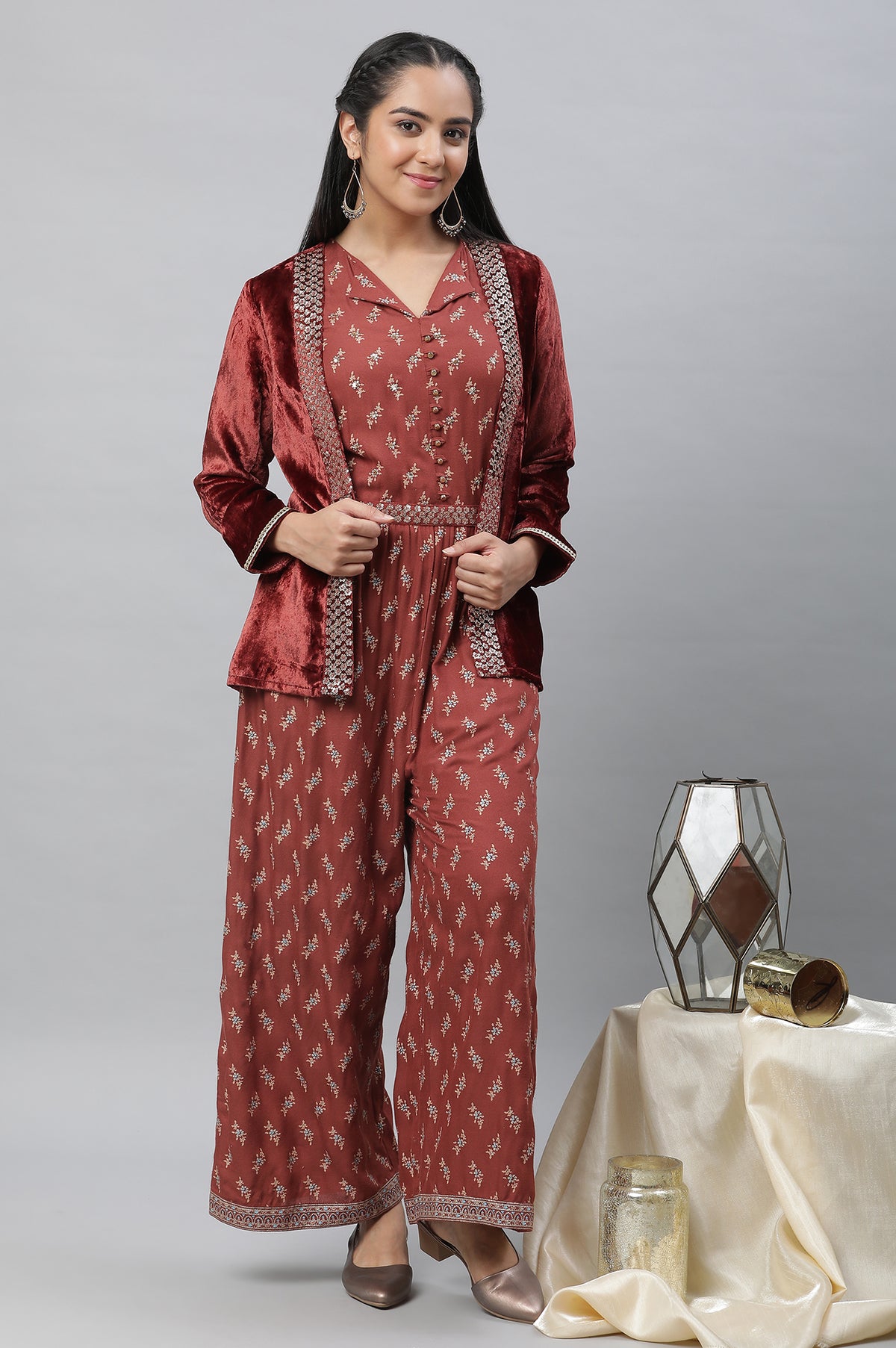 Maroon Embellished Jumpsuit with Velvet Jacket - S
