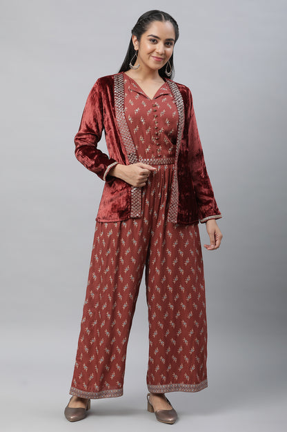 Maroon Embellished Jumpsuit with Velvet Jacket