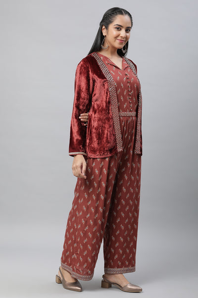 Maroon Embellished Jumpsuit with Velvet Jacket