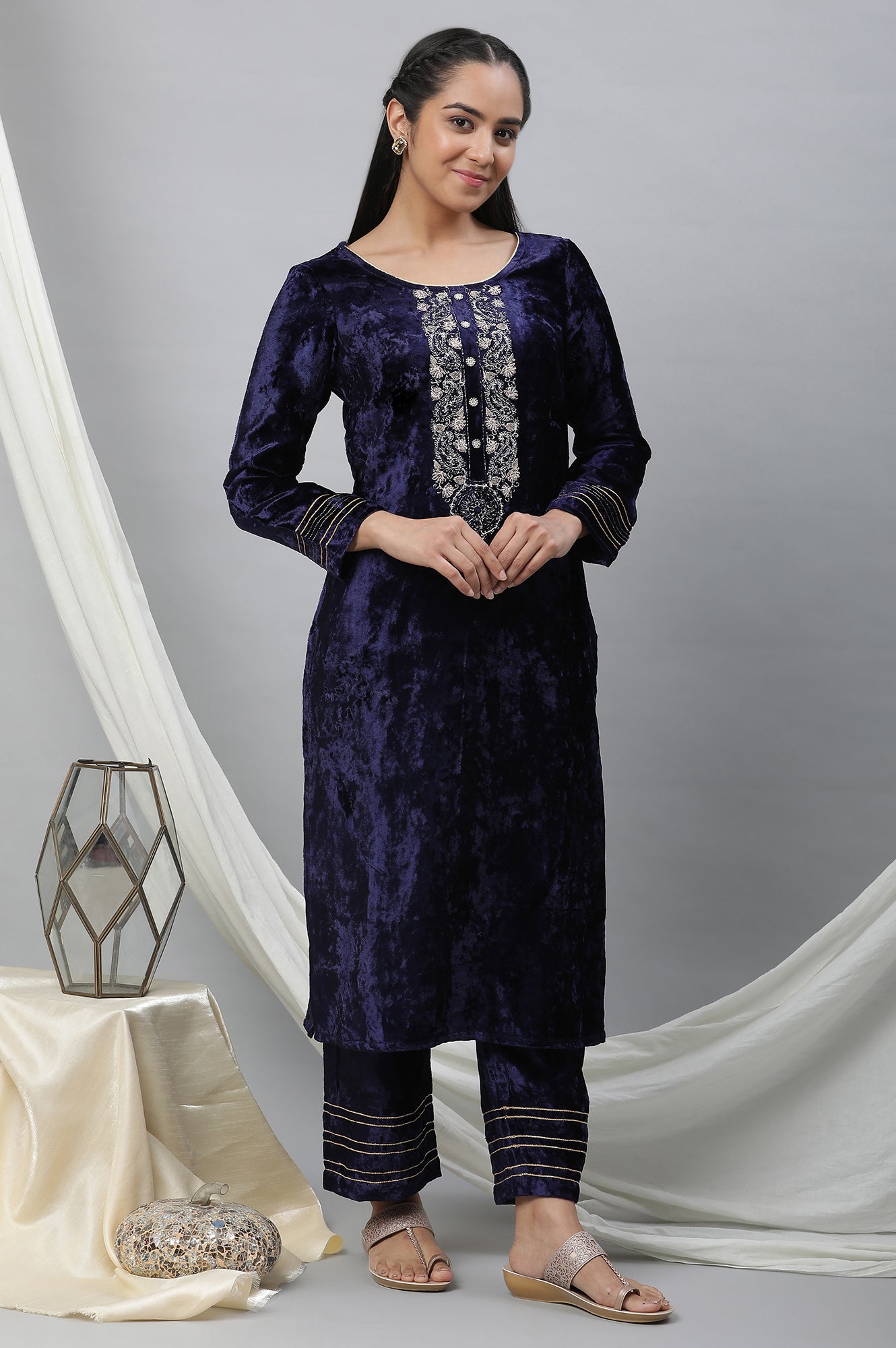 Blue Velvet Embellished Kurta &amp; Palazzo Set