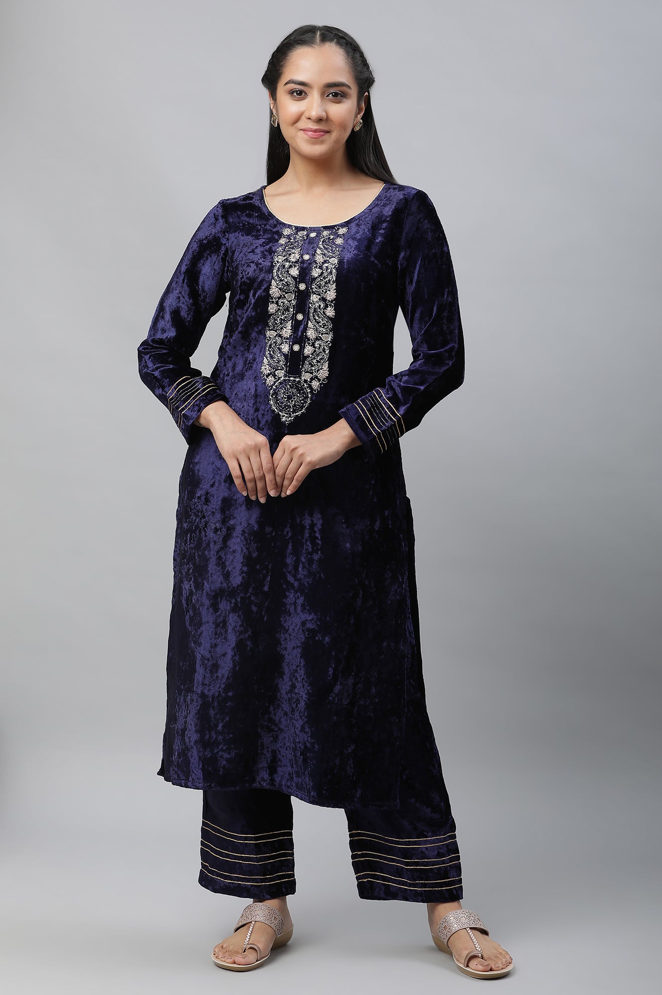 Blue Velvet Embellished Kurta &amp; Palazzo Set