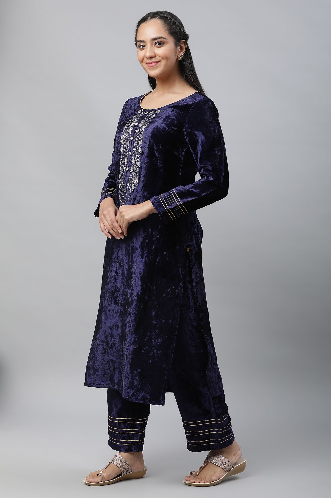 Blue Velvet Embellished Kurta &amp; Palazzo Set