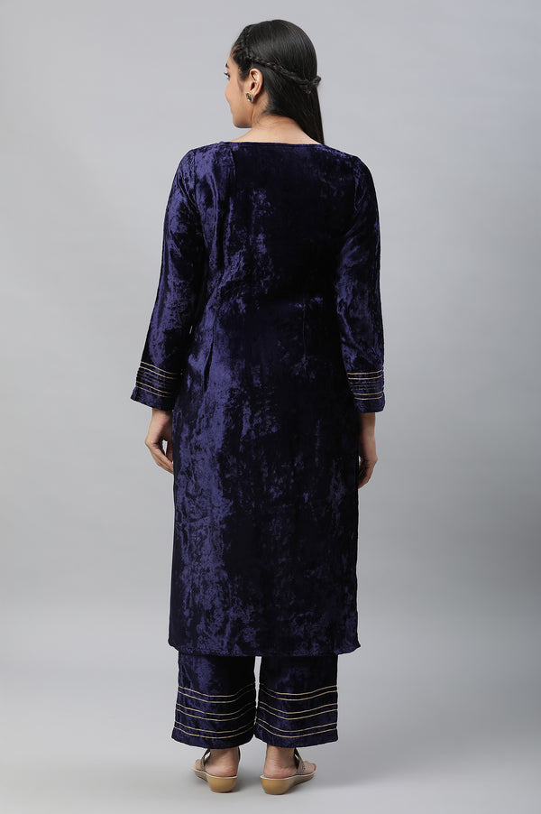 Blue Velvet Embellished Kurta & Palazzo Set