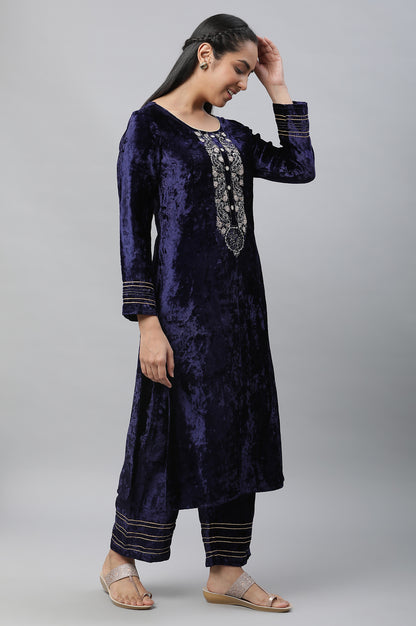 Blue Velvet Embellished Kurta &amp; Palazzo Set