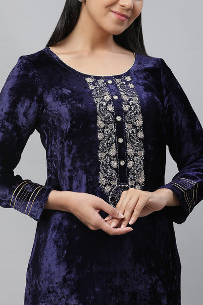 Blue Velvet Embellished Kurta &amp; Palazzo Set