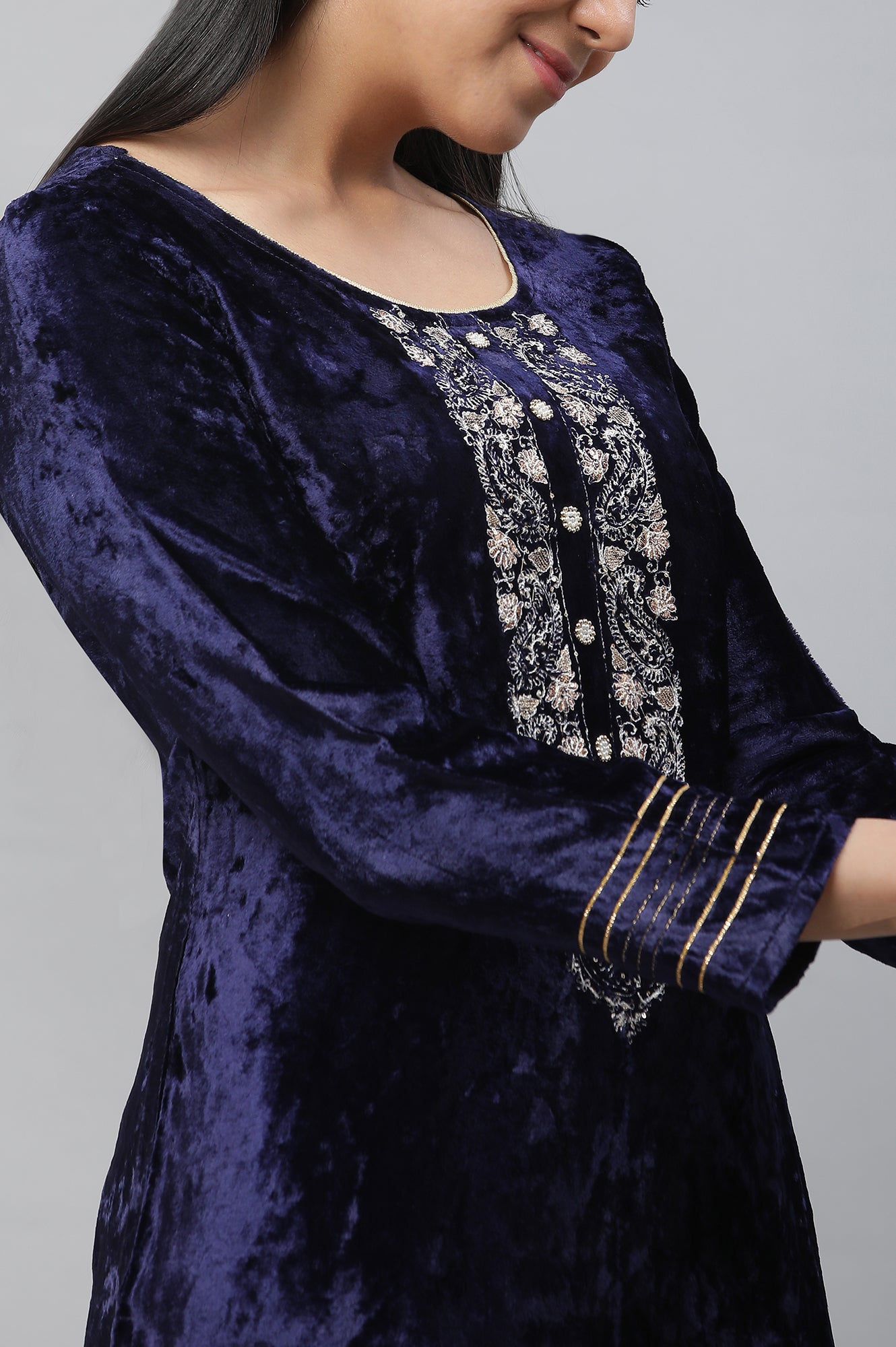 Blue Velvet Embellished Kurta &amp; Palazzo Set