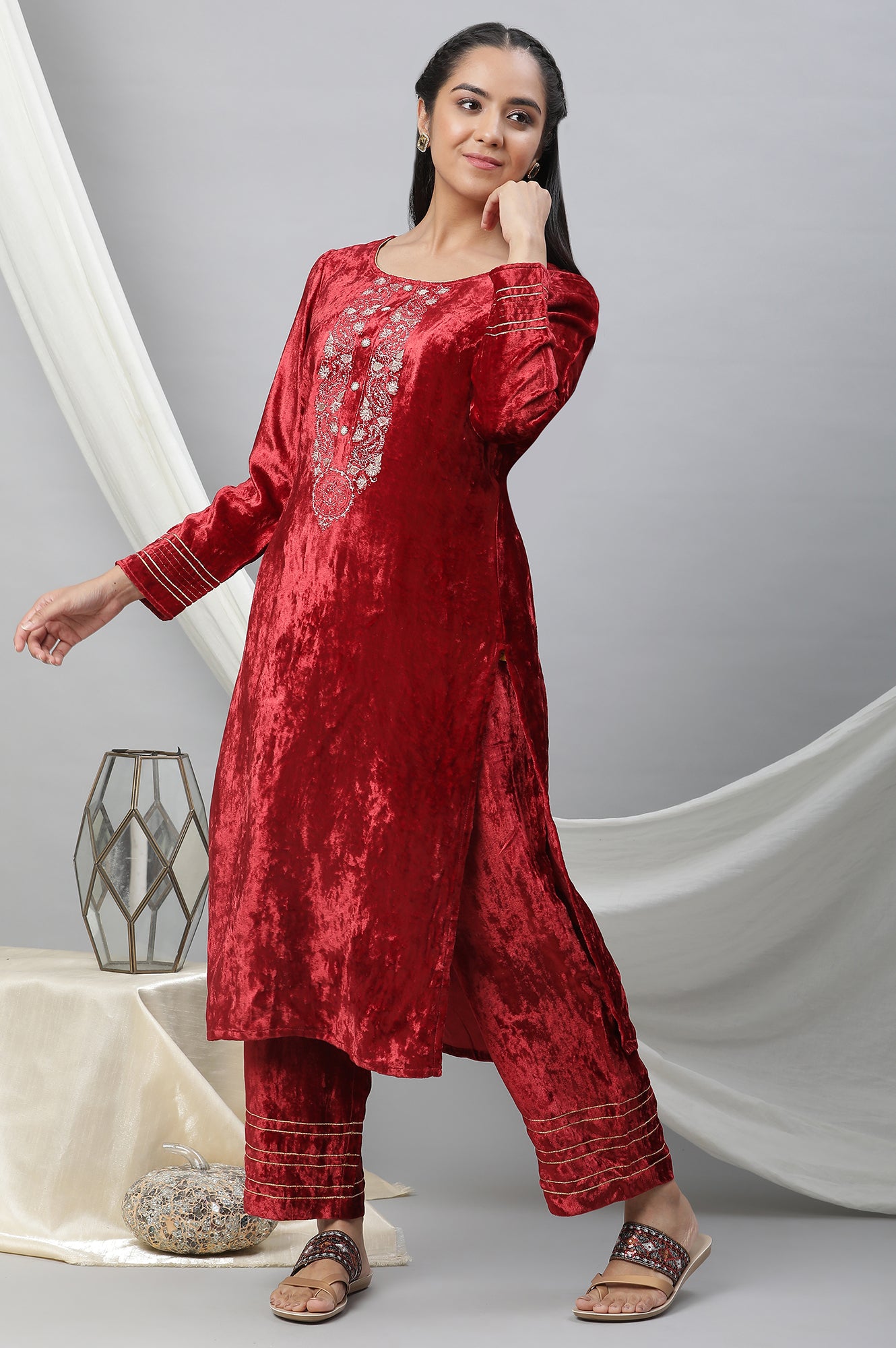 Maroon Velvet Embellished Kurta &amp; Palazzo Set