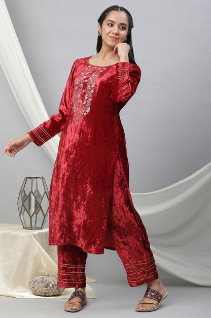 Maroon Velvet Embellished Kurta &amp; Palazzo Set