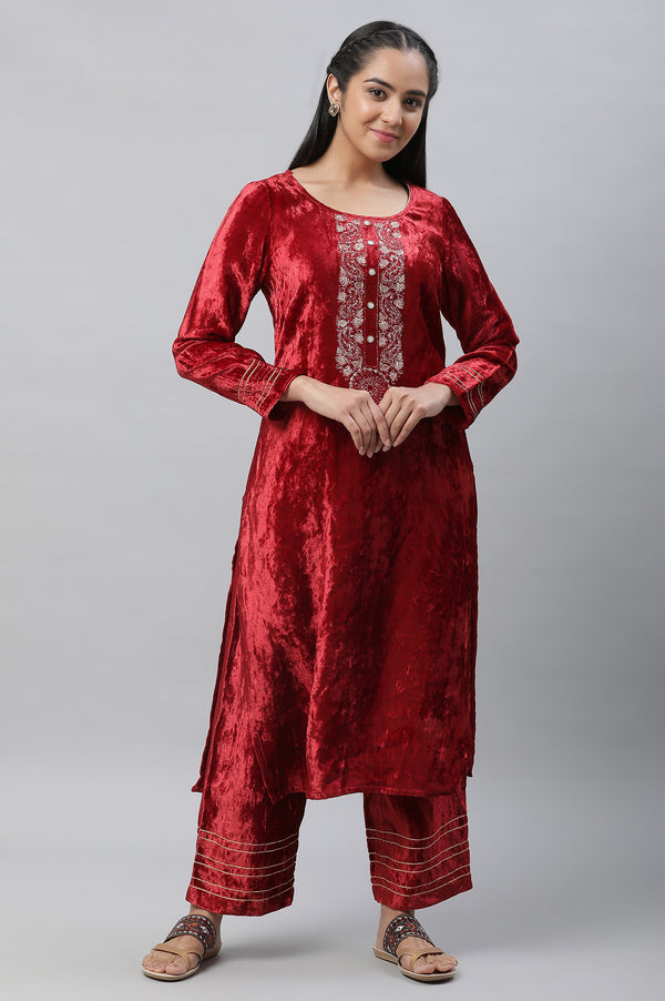 Maroon Velvet Embellished Kurta & Palazzo Set