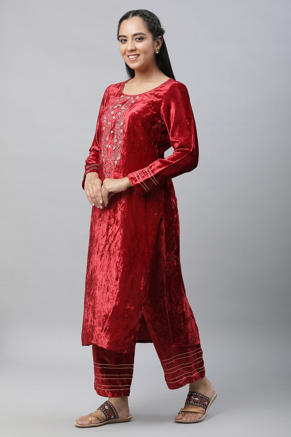 Maroon Velvet Embellished Kurta & Palazzo Set