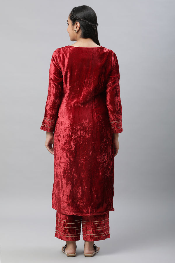 Maroon Velvet Embellished Kurta & Palazzo Set